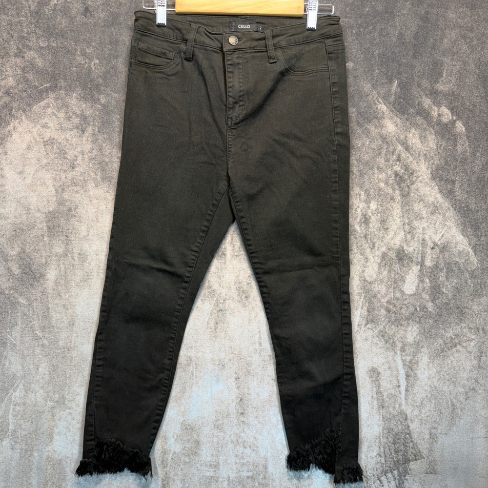 Cello Jeans Womens 7 Black AB76316BLK Skinny High Rise Frayed Fringe Hem Denim